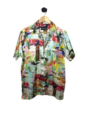 Fresh Prints Casino Satin Button Down Shirt Graphic Resort Camp Shirt Size M